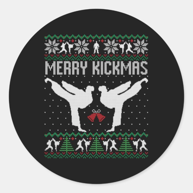 Sticker Rond Merry Kickmas Ugly Christmas Karaté Jiu Jitsu Mart (Devant)