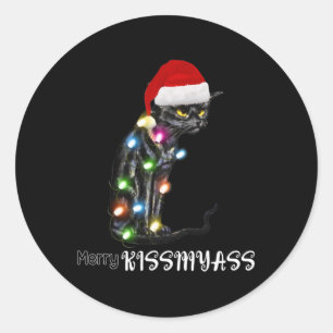 Sticker Rond Merry Kissmyass amusant Chat lumières de Noël