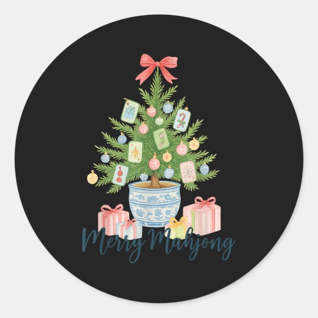 Sticker Rond Merry Mahjong Christmas Tree Chinoiserie Holiday  (Devant)