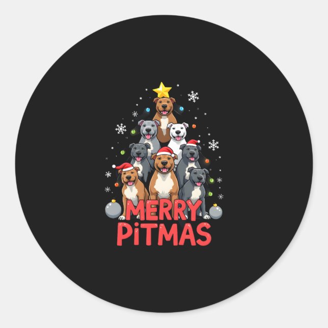 Sticker Rond Merry Pitmas Pitbull Dog Ugly Christmas Sweater Tr (Devant)