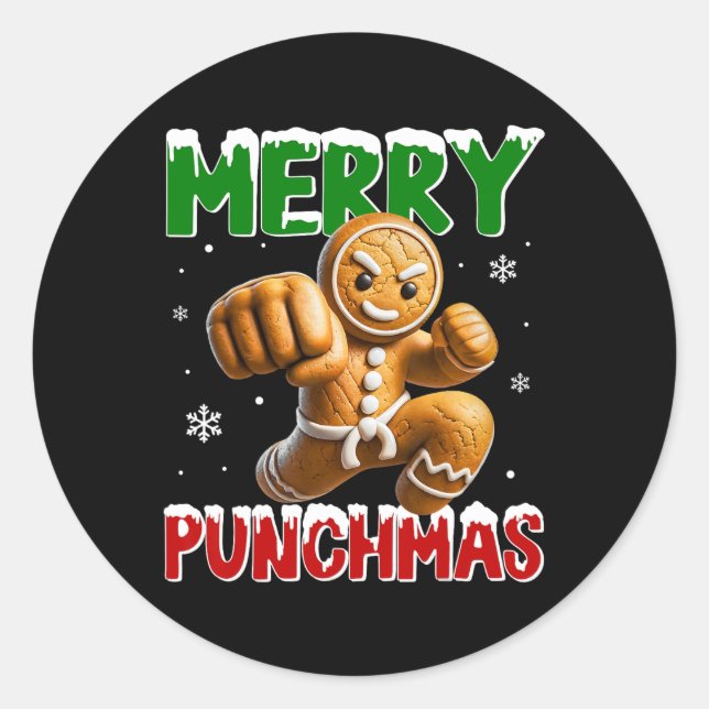 Sticker Rond Merry Punchmas Taekwondo Karate Gingerbread Man Ma (Devant)