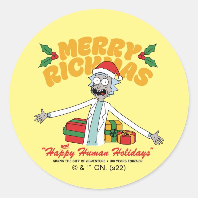 Sticker Rond Merry Rickmas and Happy Human Holidays (Devant)