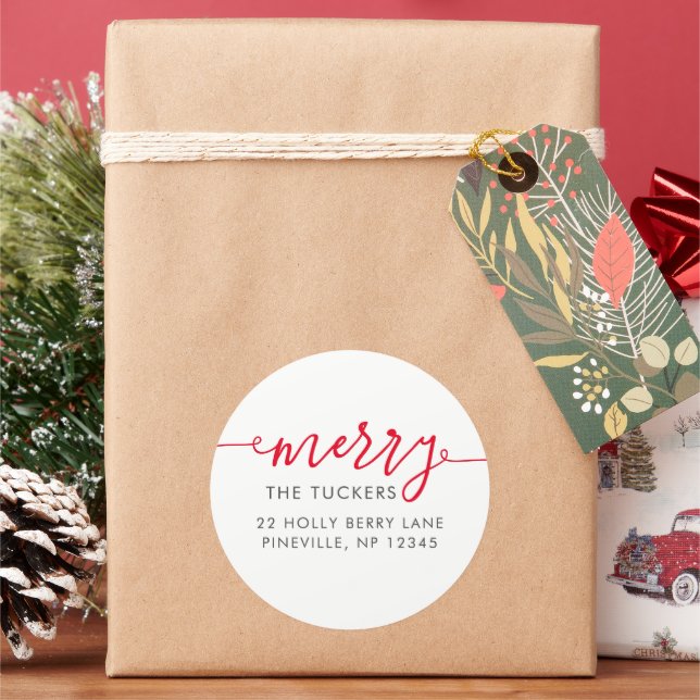 Sticker Rond MERRY Script Simple Red Christmas Return Address (vacances)