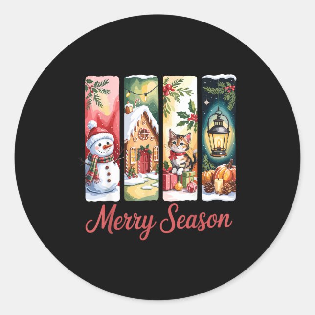 Sticker Rond Merry Season Festive Snowman Cat Gingerbread House (Devant)