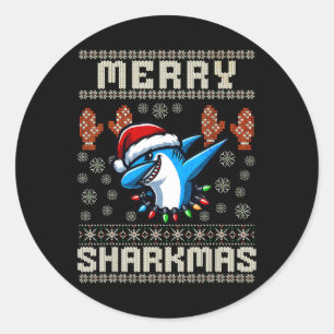 Sticker Rond Merry Sharkmas Shark Christma Ugly Xmas Kids Shark