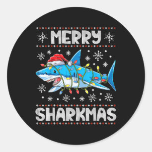 Sticker Rond Merry Sharkmas Sharkmas Père Noël laids lumières d