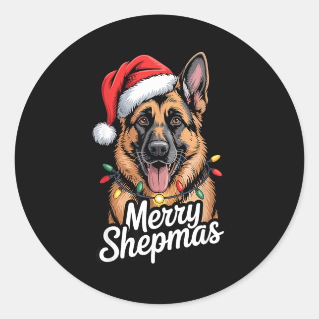 Sticker Rond Merry Shepmas German Shepherd Christmas Lights Hum (Devant)
