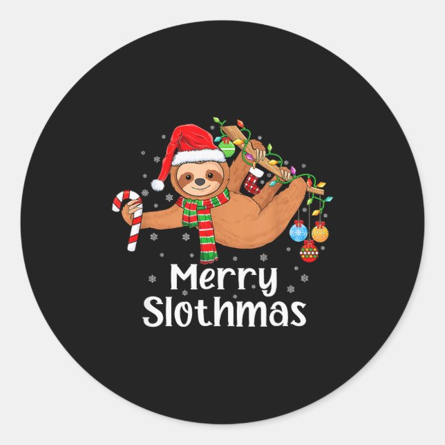 Sticker Rond Merry Slothmas Cute Xmas Sloth Santa Hat Christmas (Devant)
