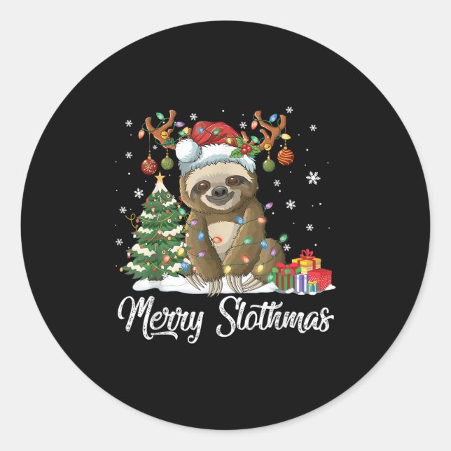 Sticker Rond Merry Slothmas Funny Sloth Christmas Tree Lights X (Devant)