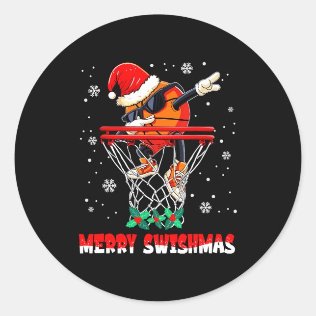 Sticker Rond Merry Swishmas Basketball Funny Dabbing Basketball (Devant)