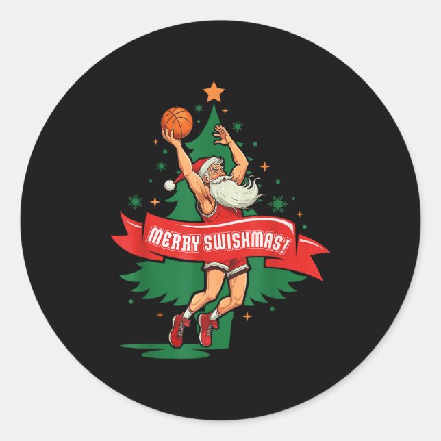 Sticker Rond Merry Swishmas Basketball Santa Christmas Pajamas  (Devant)