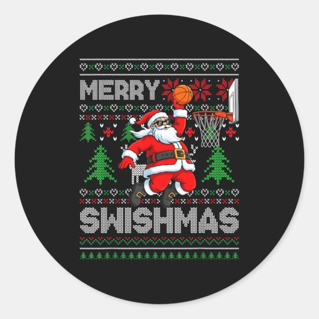 Sticker Rond Merry Swishmas Basketball Ugly Christmas Santa Men (Devant)