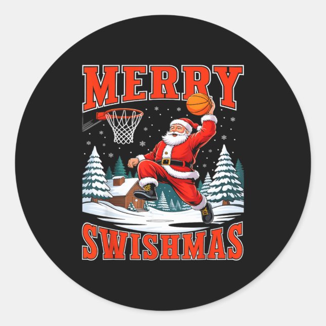 Sticker Rond Merry Swishmas Santa Playing Basketball Christmas  (Devant)