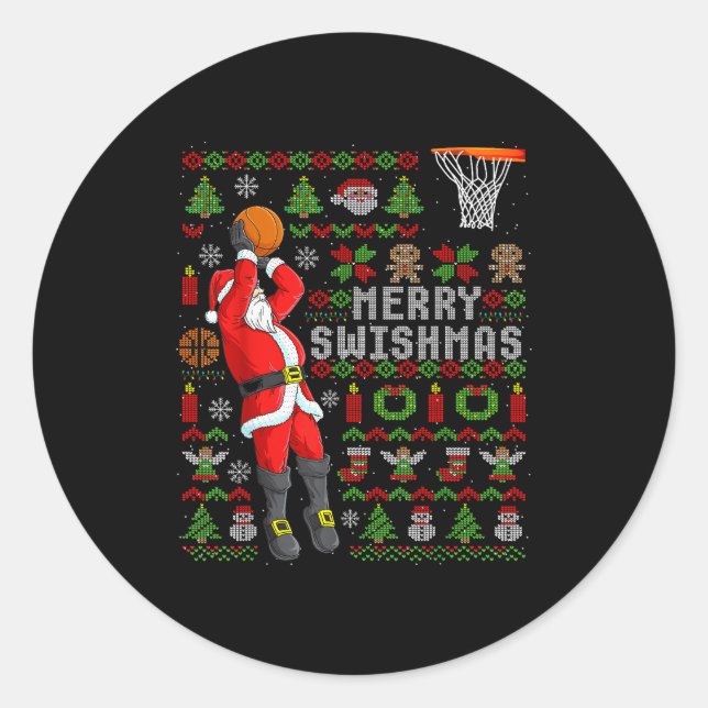 Sticker Rond Merry Swishmas Ugly Christmas Basketball Christmas (Devant)