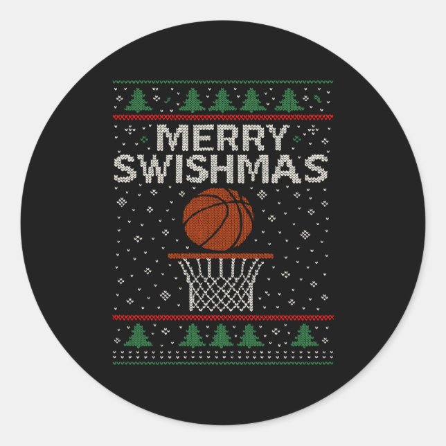 Sticker Rond Merry Swishmas Ugly Christmas Sweater Basketball J (Devant)