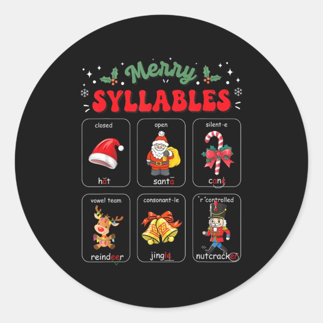 Sticker Rond Merry Syllables Xmas Phonics Reading Teacher Holid (Devant)