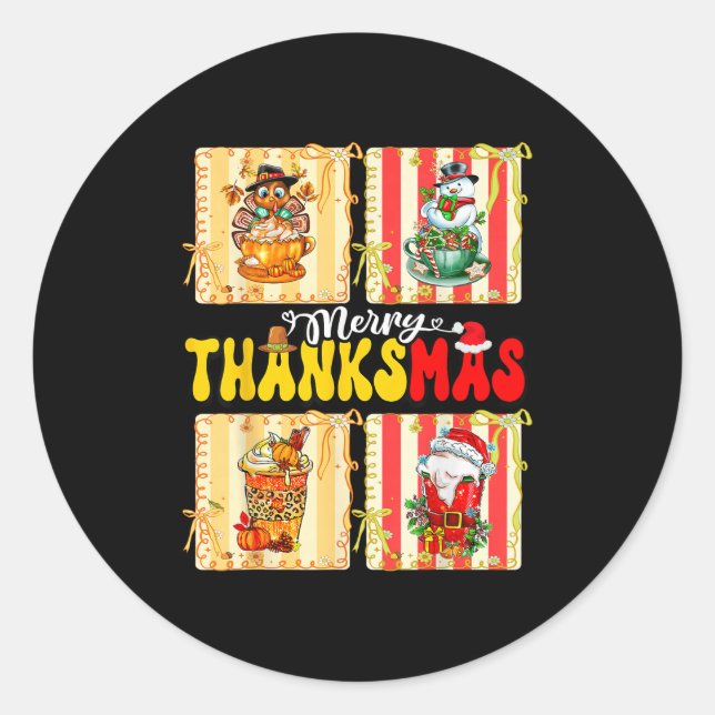 Sticker Rond Merry Thanksmas Pumpkin Sce Latte Coffee Thanksgiv (Devant)