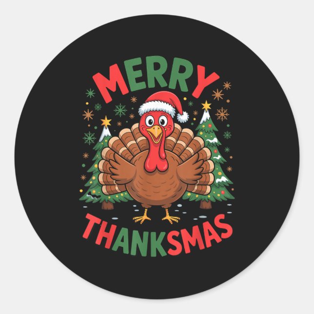 Sticker Rond Merry Thanksmas Turkey Santa Hat Christmas Tree Fa (Devant)
