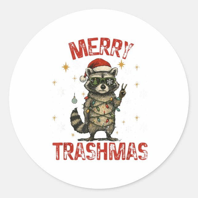 Sticker Rond Merry Trashmas Raccoon Christmas Lights Funny Xmas (Devant)