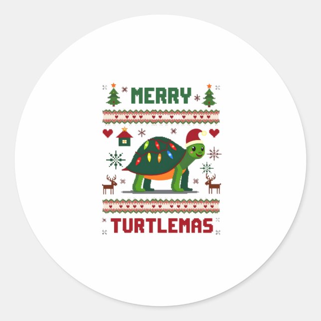 Sticker Rond Merry Turtlemas Christmas Lights Cute Turtle Santa (Devant)