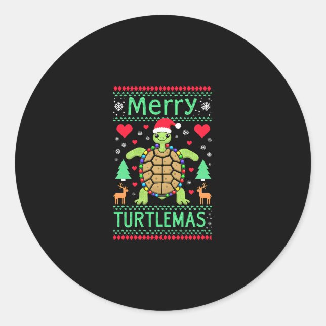 Sticker Rond Merry Turtlemas Christmas Lights Cute Turtle Santa (Devant)
