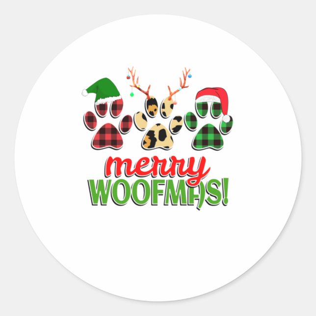 Sticker Rond MERRY WOOFMAS Chien Paw Buffalo de Noël (Devant)