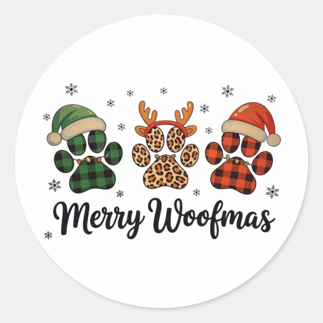 Sticker Rond Merry Woofmas Chien Paw Noël Mignons Lumières Noël (Devant)