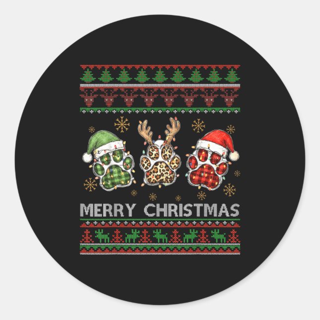 Sticker Rond Merry Woofmas Christmas Dog Paws Leopard Ugly Swea (Devant)