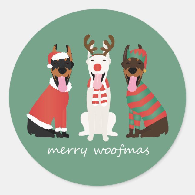 Sticker Rond Merry Woofmas Dobermann Chiens de Noël (Devant)
