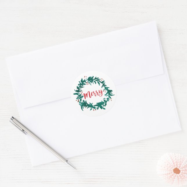 Sticker Rond Merry Wreath avec un script de baies (Enveloppe)