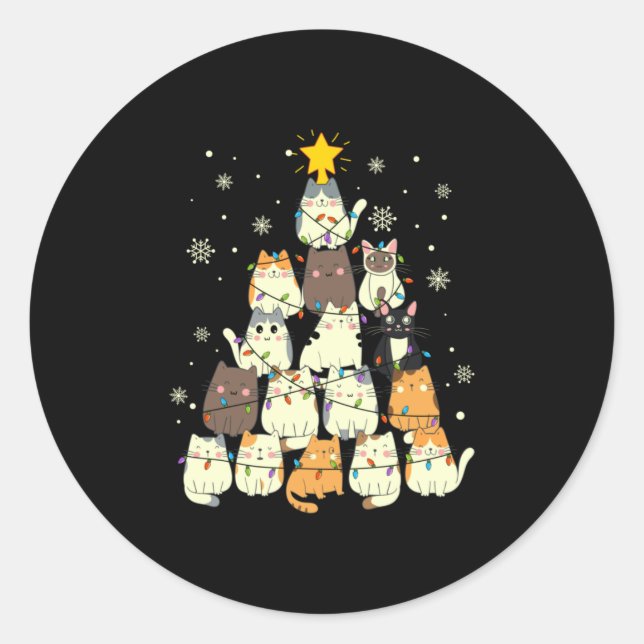 Sticker Rond Merry Xmas Cat Christmas Tree (Devant)