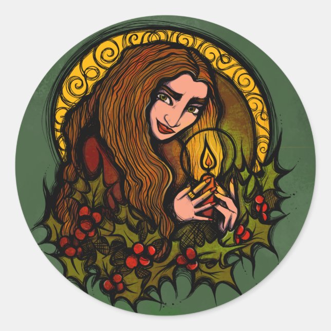 Sticker Rond Merry Yule sorcière (Devant)