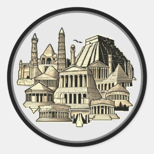 Sticker Rond Merveilles anciennes en noir et blanc