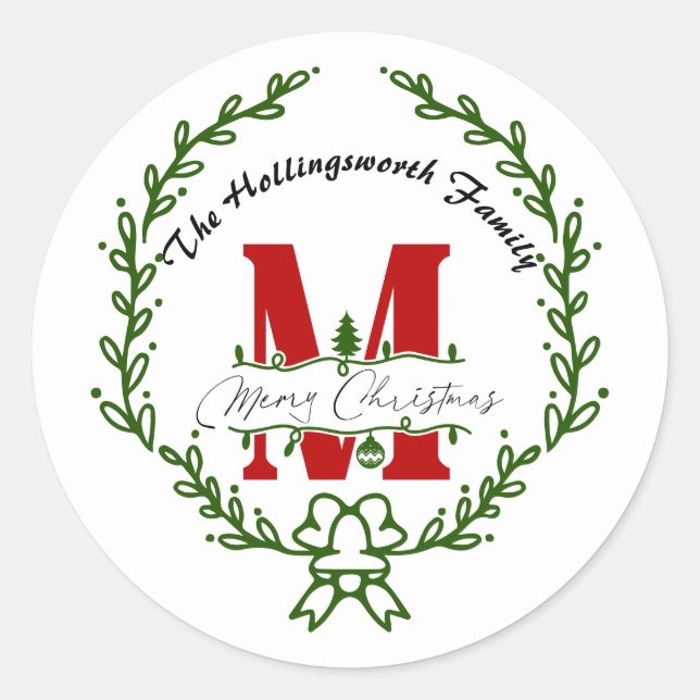 Sticker Rond Merveilleuse couronne de monogramme de Noël (Devant)