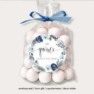 Sticker Rond Mes Quinze, Espagnol, Couronne Fleur Bleue