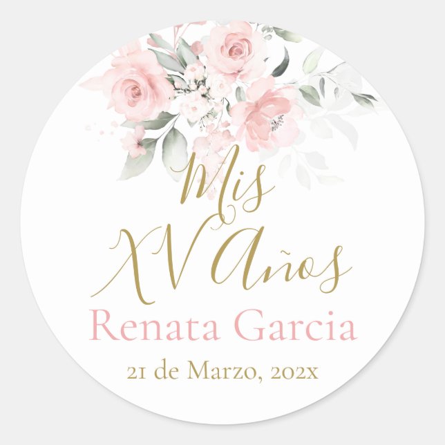 Sticker Rond Mes XV ans fleurs roses (Devant)