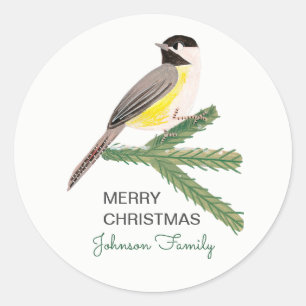 Sticker Rond Mésange de Noël mignonne oiseau jaune & arbre vert
