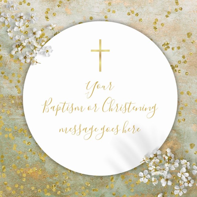 Sticker Rond Message de baptême de croix en or simple (Simple Gold Cross Baptism Christening Message Classic Round Sticker)
