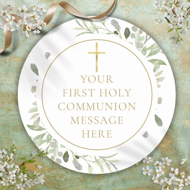 Sticker Rond Message de Première Sainte Communion Greenery Gold (Greenery Gold First Holy Communion Message Classic Round Sticker)