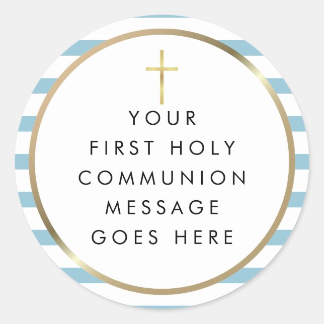 Sticker Rond Message de Sainte Communion Croix dorée Rayure ble (Devant)