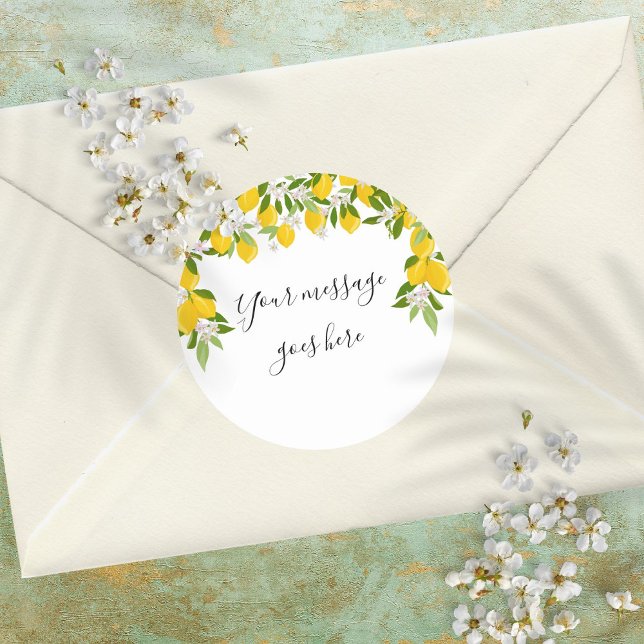 Sticker Rond Message de script élégant Citrons Floraison de ver (Elegant Script Message Lemons Blossom Greenery Classic Round Sticker)