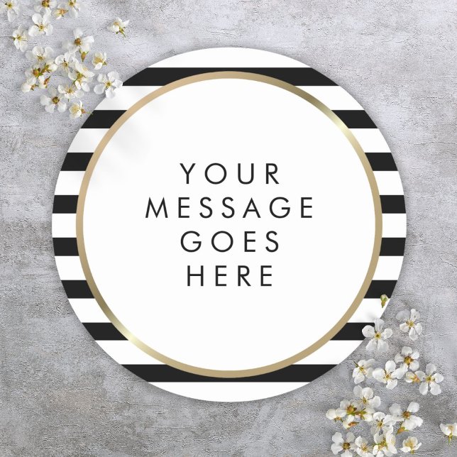 Sticker Rond Message personnalisé Black and White Stripe Gold (Black and White Stripe Gold Personalized Message Classic Round Sticker)
