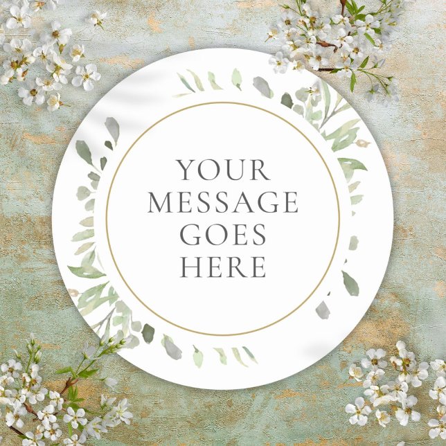 Sticker Rond Message personnalisé Feuilles aquarelle Vert maria (Custom Message Watercolor Leaves Greenery Wedding Classic Round Sticker)