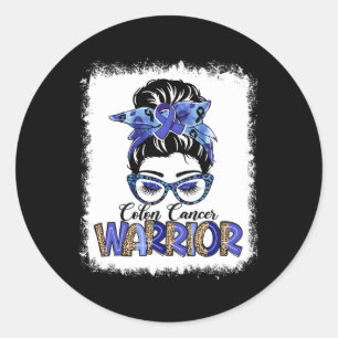 Sticker Rond Messy Bun Leopard Blue Ribbon Colon Cancer Guerrie