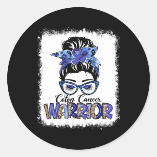 Sticker Rond Messy Bun Leopard Blue Ribbon Colon Cancer Guerrie