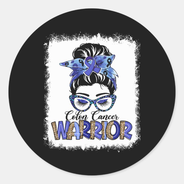 Sticker Rond Messy Bun Leopard Blue Ribbon Colon Cancer Guerrie (Devant)