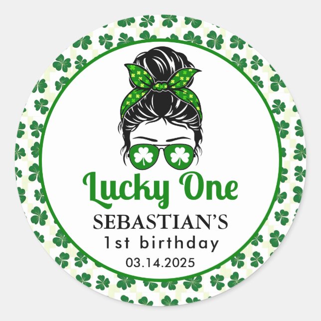 Sticker Rond Messy Bun Lucky One 1st Birthday Girl (Devant)
