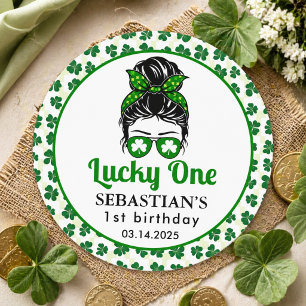 Sticker Rond Messy Bun Lucky One 1st Birthday Girl