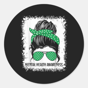 Sticker Rond Messy Bun Mental Health S Awareness Green Ribbon _