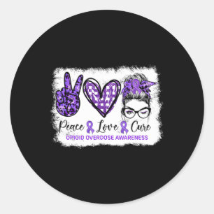 Sticker Rond Messy Bun Peace Love Cure Purple Ribbon Opioid Ove